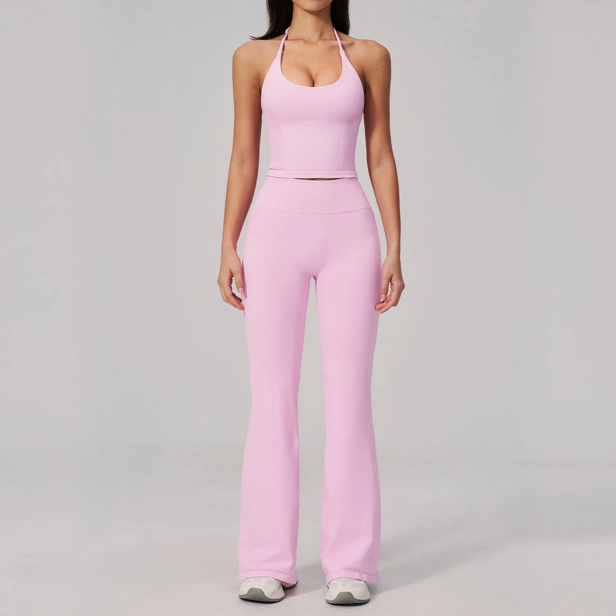 New Yoga Sets Women Summer Seamless Thread Hanging Neck Sports Vest Exercise Fitness Suit High Waist Wide Leg Pants Tracksuit