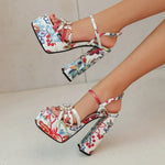 Ethnic Bohemia Sandals Women 2026 Summer Shoes Flower Print Ankle Strap Platform Block High Heels Crystal Pearl Studded