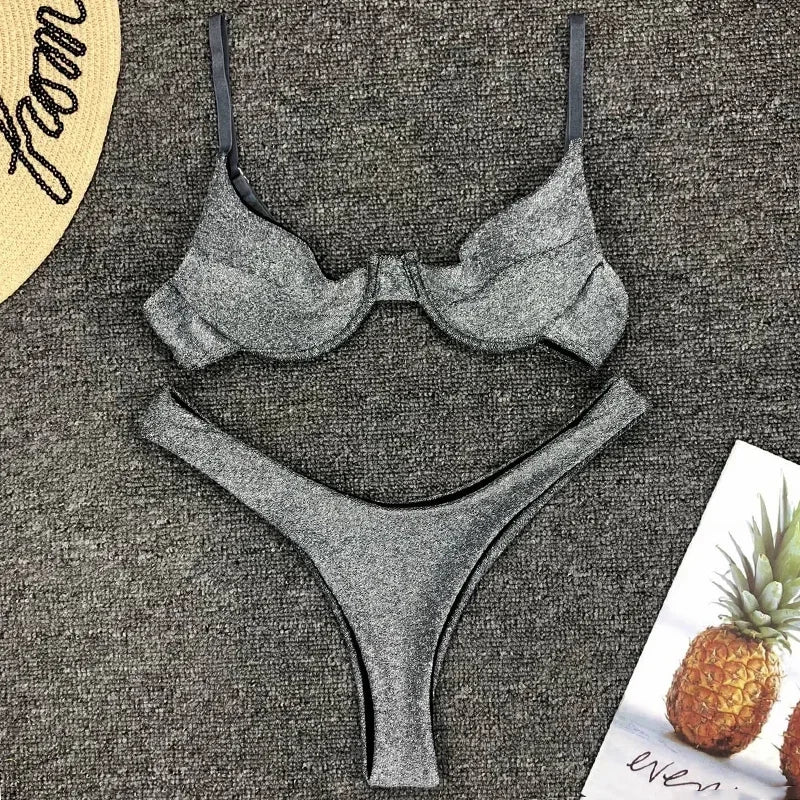 Glitter Shiny Underwired V-Bar Bikini Women Swimsuit Female Brazilian Swimwear Two-piece Bikini Set Triangle Bathing Suit Swim