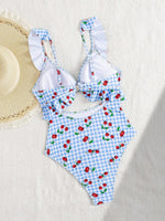 Vintage Pink Starberry Print One Piece Swimsuit 2026 Women Ruffles Bandage Cross High Waist Bikini Beach Bathing Suit Swimwear
