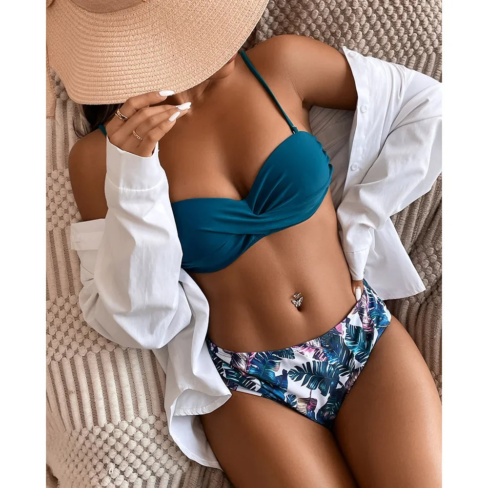 Print Bandeau Bikini Swimsuit Women Push Up Bikini Set Swimwear Female High Waisted Bathing Suit Beach Wear Brazilian Biquini