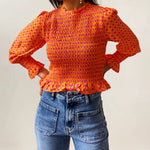 Women Fashionable Casual Round Neck Smocked Bubble 3/4 Sleeve Tops Summer Fall Plaid Print Ruffled T-shirts