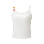 Fashion Solid Color Thin Strap Floral Chest Pad Women White Ribbed Top With Sleeveless Slim Fit Casual Summer Top Charming 3N4J