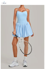 Fake Two Piece Tennis Dress Women Back Criss Cross Slim Bulit-in Shorts Golf Athletic Dresses Gym Pleated Fluffy Yoga Mini Dress