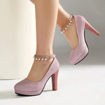 Elegant String Beads Women Wedding Shoes Bride Thin High Heels Gold Silver Pink 2026 Autumn Spring Plus Size 34-43 Lady