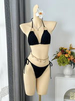 Sexy Mesh Cover Up 3 Piece Bikinis Sets 2026 Women Black Metal Chain Strap Push Up Thong Swimsuit Holiday Bathing Suit Swimwear