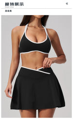 Summer New Outdoor Breathable Yoga Sets Women Color Block Shockproof Sports Bra Tennis Pleate Skirt Gym Workout Fitness Suits