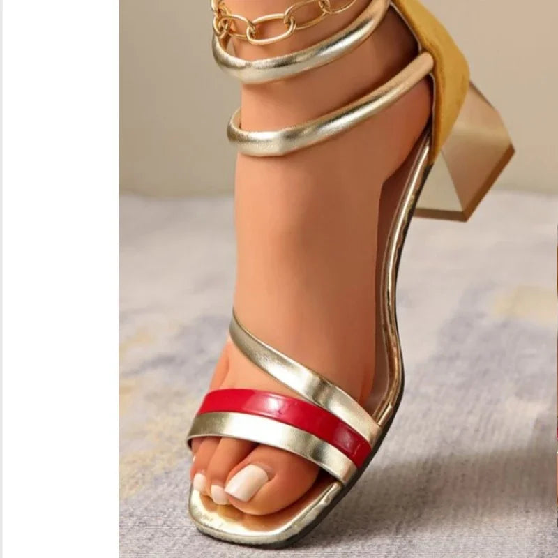 2026 New Summer Women's Pumps Elegant Strap Solid Color Square Toe High Heels Open Toe Fashion Sexy Banquet Women's Shoes