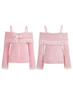 Women Long Sleeve Contrast Lace Knit Pullovers Autumn Winter Cold Shoulder Sweaters Bow Front Jumper Tops Beige/Pink