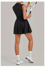 Summer Women Solid Tennis Dresses Sleeveless Turn Down Collar Pleated Skirts with Detachable Pocket Shorts Slim Yoga Golf Dress