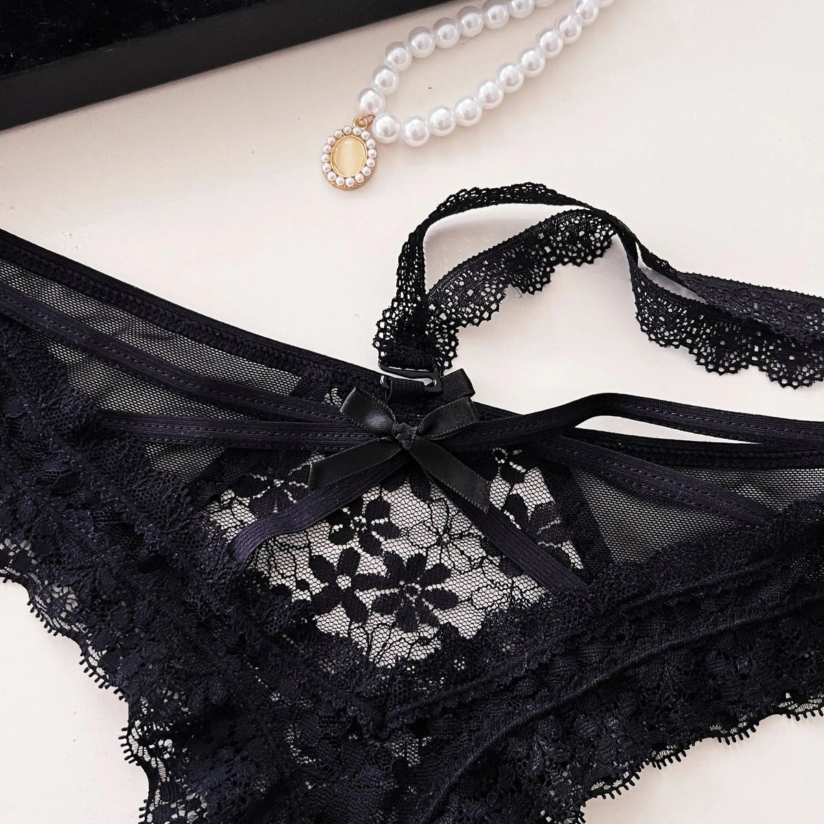Hanging Neck Detachable Sexy Lace Women's Underpants Sweet Bow Hollow Out Mesh Panties Metal Ring Cotton Crotch Briefs Lingerie
