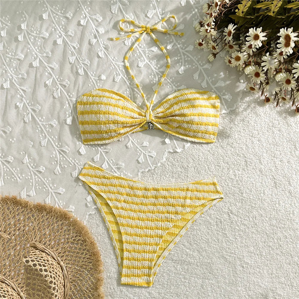 Striped Print String Halter Bandeau Bikinis Sets 2026 Sexy Swimsuit Women Ruched Swimwear Bathing Suit Brazilian Bikini Mujer