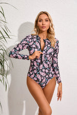 2024 Sexy Zipper Long Sleeve Women One Piece Swimsuit Floral Monokini Swim Wear Surfing Bathing Suit Swimwear Female Clothes