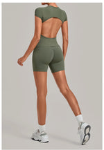 Tight Invisible Wrinkle Yoga Sets Women Short Sleeve O Neck Hollow Back Sports Tank Top Butt-Lifting Shorts Gym Fitness Suits