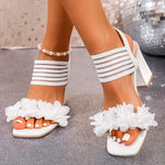Fashion Flowers High Heel Sandals Women Summer Elastic Strap Slip On Thick Heeled Sandals Woman Plus Size Square Toe Party Shoes