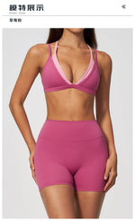 Women 2PCS Yoga Suit Double Strap Shockproof Sports Bra High Waist Tigh Short Fitness Suit Gym Running Leggings Tracksuits