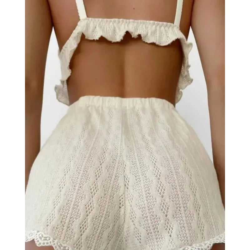 Women Pajamas Summer Fashion Lace Trim Ruffle Hem U-Neck Strap Cable Textured Cami & Casual Home Shorts Set Sleepwear