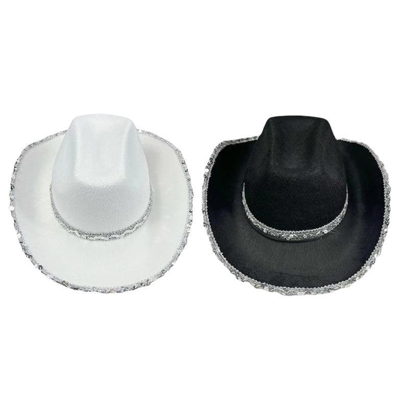 Women Shiny Sequined Wide Brim Cowboy Hat Western Style Sun Cap for Club Party