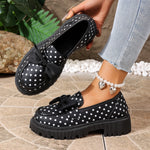 Women Polka Dot Print Platform Loafer Shoes Bow Decor Slip On Chunky Lug Sole Round Toe Sweet Preppy Casual Dress Shoes