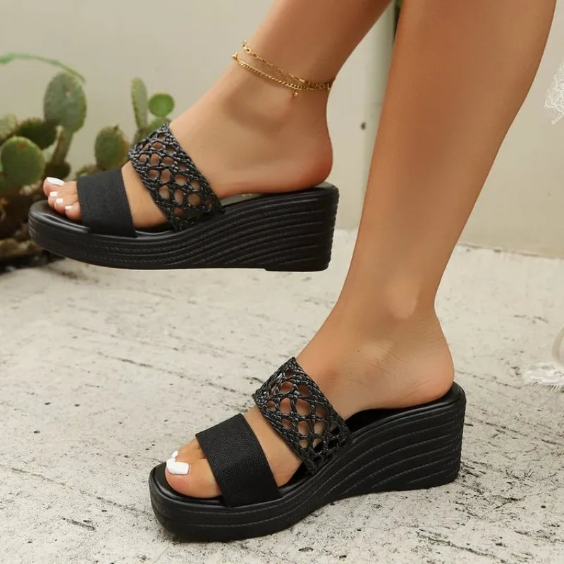 WomensSandals High Heeled Slippers Hollow Out Large Size Thick Soled Fish Mouth Sandals Non-Slip