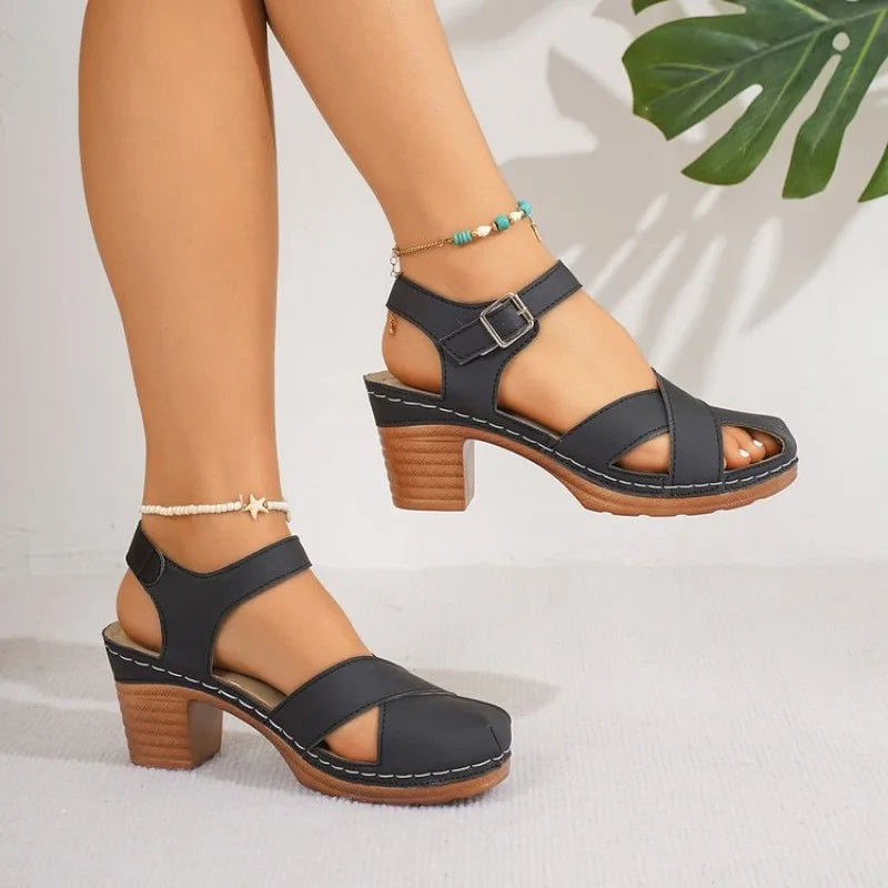 SummerThick High Heels Sandals Women Fashion Hook Loop Platform Sandles Woman Plus Size Cross
