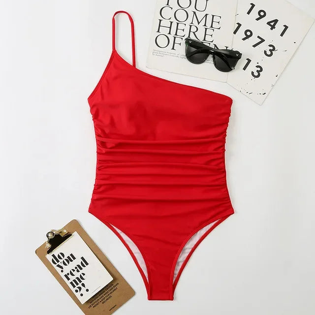 2026 Sexy One Shoulder One Piece Swimsuit 2022 Women Solid Black Neon Green Push Up Padded Bathing Suit Pleate Swimwear Monokini