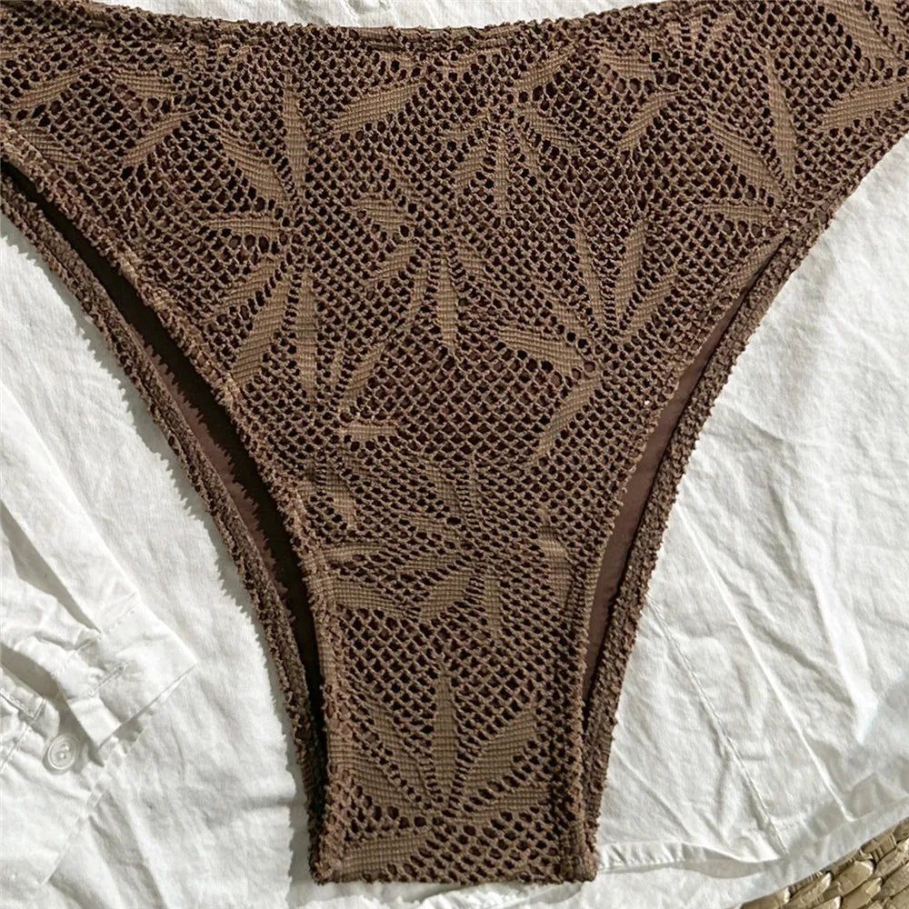 Brown Leaf Fishing Net Bandeau Bikinis Sets Front Hollow Out Sexy Swimsuit Woman 2026 Bead Swimwear Bathing Suit Bikini De Mujer