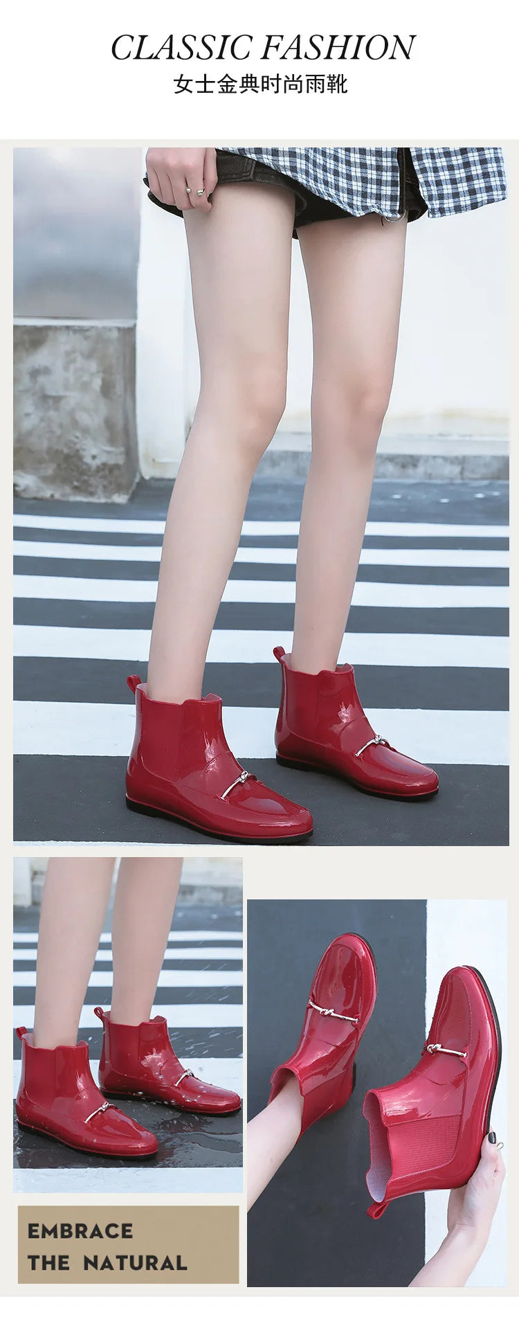 Women Rainning Boots Fashion Ladies Walking Waterproof Ankle Rubber Rainboots Casual Thick Bottom Low Heel Short Boot 2024