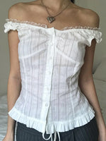 Phantasy Y2K Women Tops White Lace T-Shirt Button Tees Vintage French Style Tops 2025 Spring Summer Tops Female Streetwear