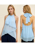 Women Summer Trendy Asymmetrical Layered Backless Shirts Solid Color Chiffon Halter Tops for Streetwear