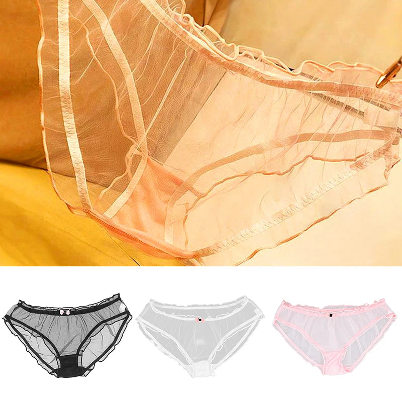 Lolita Mesh Panties Sexy Lace Briefs for Women Transparent Underwear Summer Bow Briefs Girl Low Waist Underpants Ruffle Lingerie
