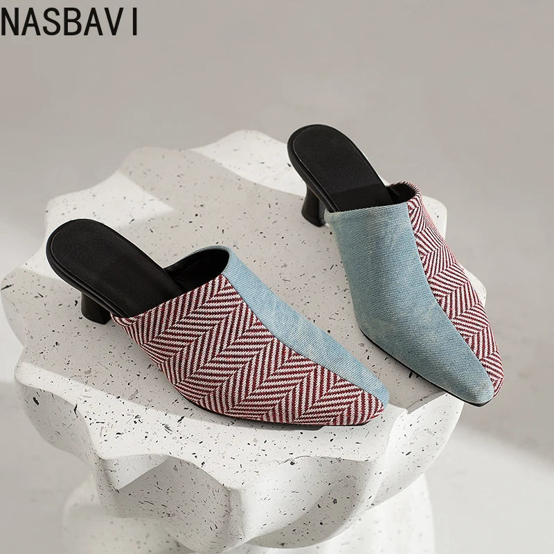 NASBAVI New Breathable Hollow Slippers Stone Pattern Leather Pumps Women Chunky Heels Mules Black Dress Shoes Big Size 45 46 47