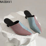 NASBAVI New Breathable Hollow Slippers Stone Pattern Leather Pumps Women Chunky Heels Mules Black Dress Shoes Big Size 45 46 47