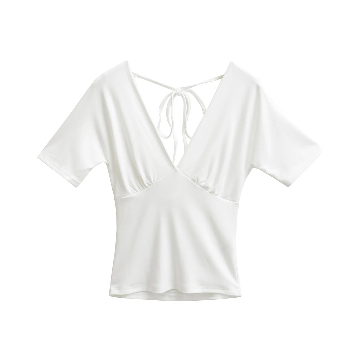 Spring Korean Slim Fit Deep V Neck Tie-Up Clean Face Crop Top Short Sleeve Pullover T-Shirt Base Shirt Solid Color Fashion RM7O