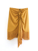 Foridol High Waist Bodycon Tassel Mini Skirt Women Summer Spring Irregular Slit Brown Short Bowknot Skirt Ladies Bottoms Brown