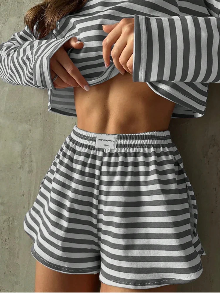 Summer Striped Pajamas Set for Women's Long Sleeve Top and Shorts 2 Piece Sleepwear Set Casual Home Wear Loungewear