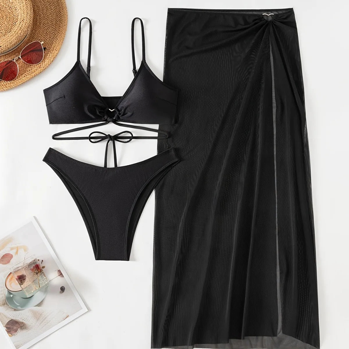 New 3 Pieces Halter Triangle Thong Bikini Set Swimsuit Women Black Swimwear with Sarong Skirts Dress Beach Wear Bathing Suits