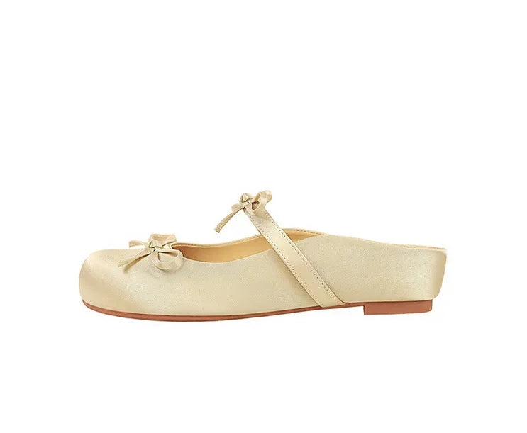 BIGTREE Satin Bow With One Strap With Shallow Mouth Half-Tugging Women's Hollow Inner Heightened Round-Head Sandals Comfortable