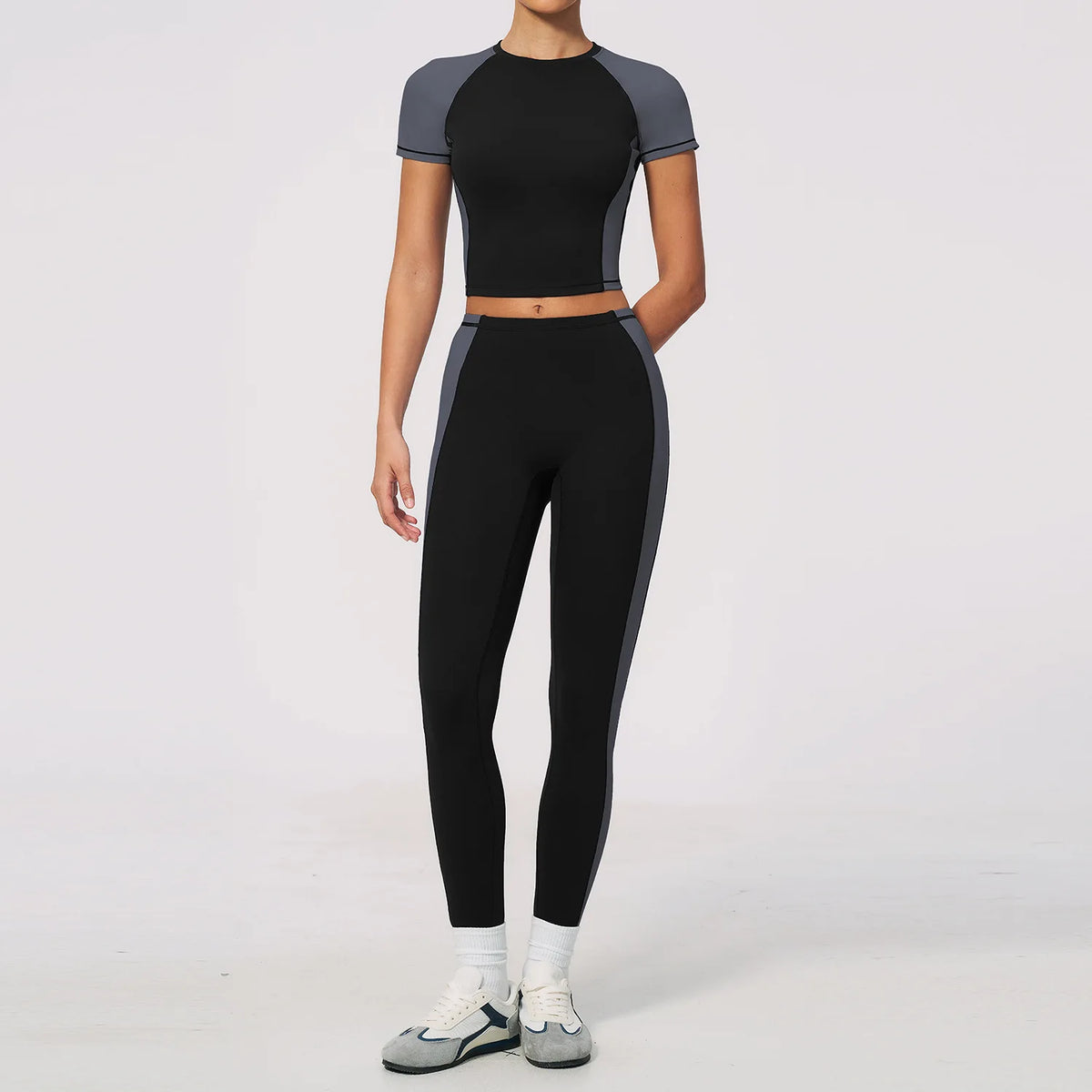 Nake Yoga Set Women's Tracksuit Color Contrast Short Sleeve Slim Sports T Shirts High Waist Leggings Fitness Clothes Gym Outfits