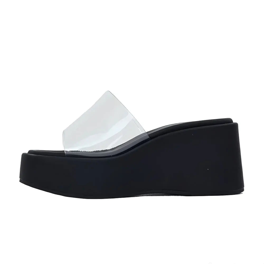 Transparent PVC Wedge Slide Mules Shoes Women Vintage Slip On Platform 7.5CM High Heel Leopard Print Polka Dot Summer Sandals