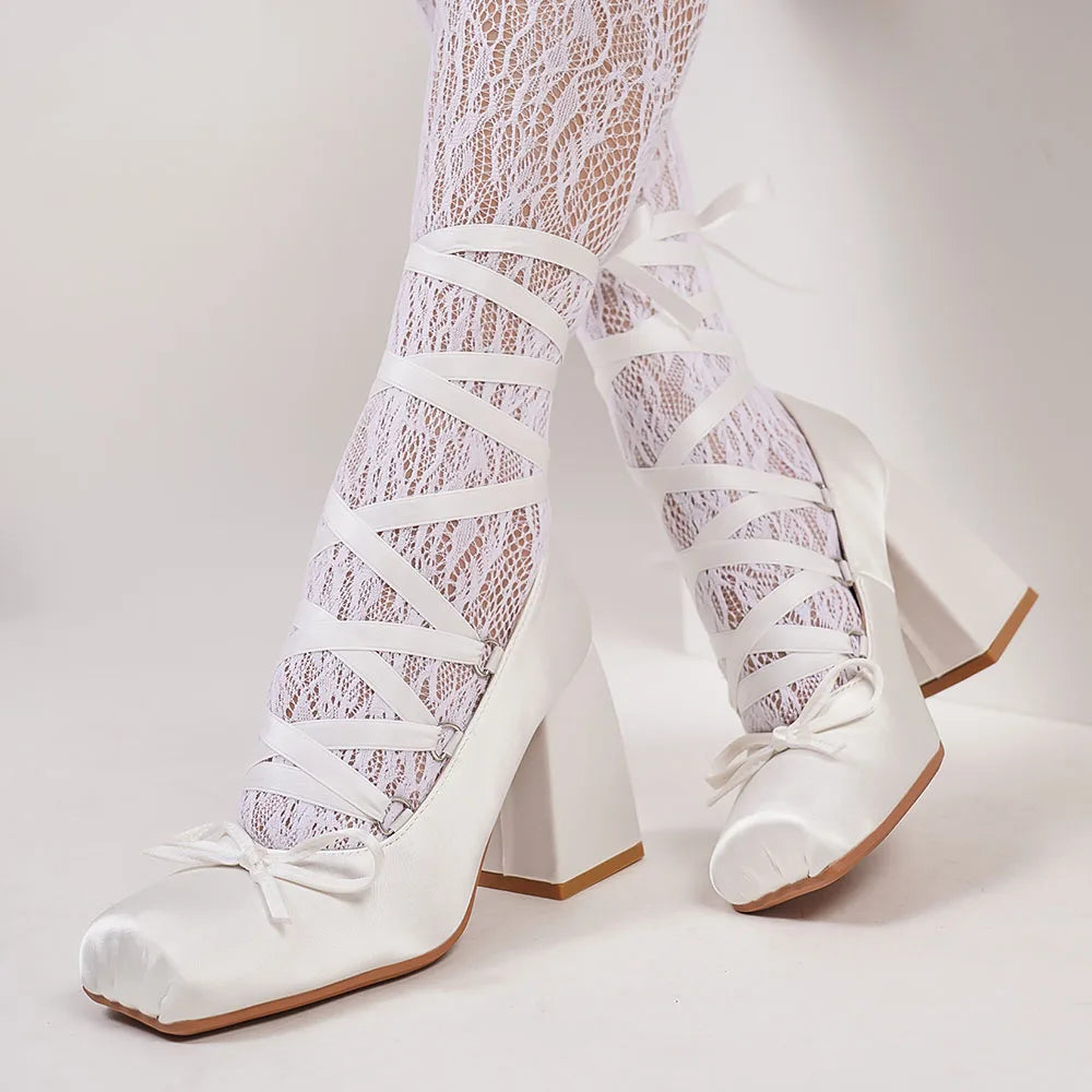 Big Size 43 Sweet Purple Mary Janes Pumps Ribbon Tied Satin 9cm Block High Heels Ballet Shoes Women White Party Wedding Shoes