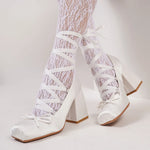 Big Size 43 Sweet Purple Mary Janes Pumps Ribbon Tied Satin 9cm Block High Heels Ballet Shoes Women White Party Wedding Shoes