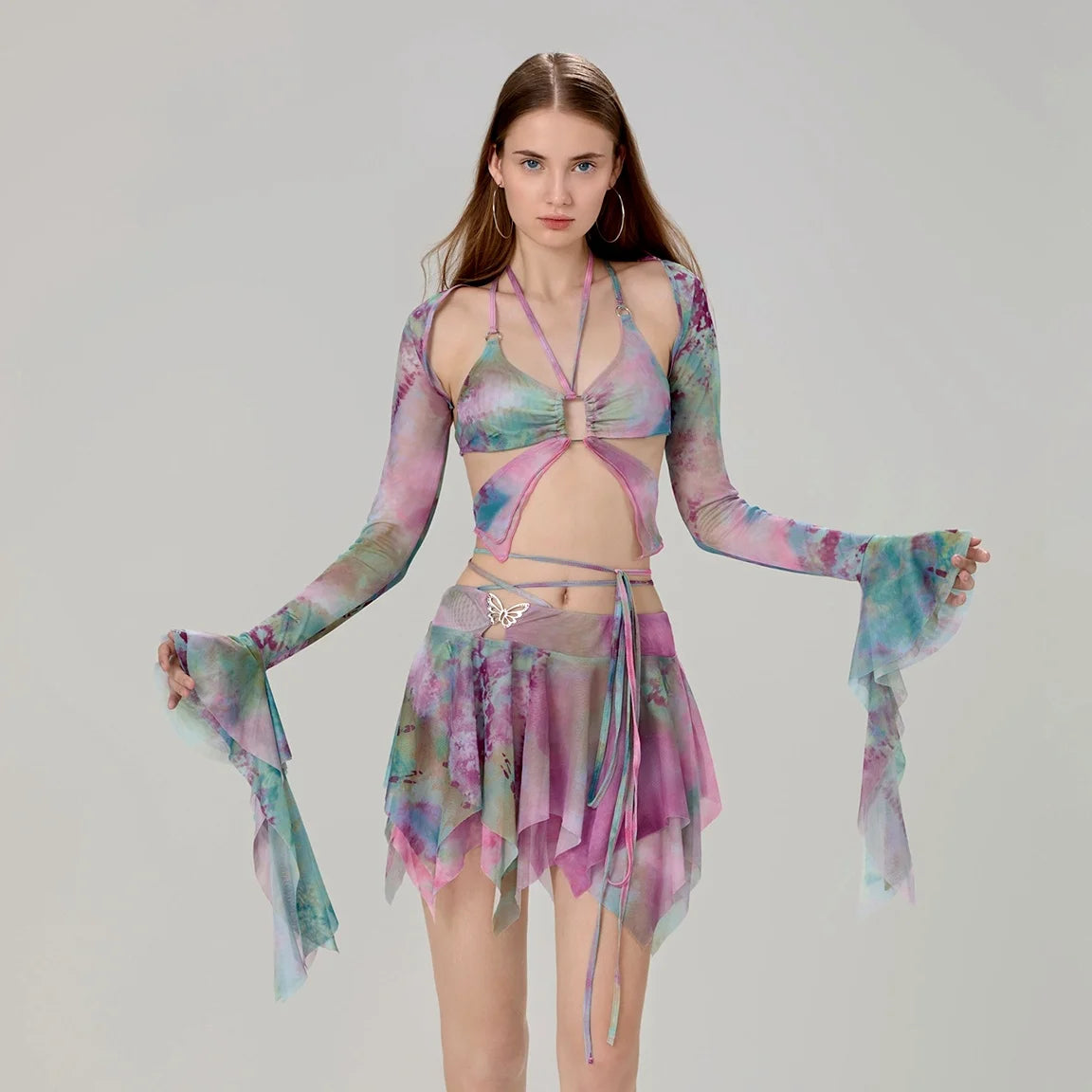 Women 3 Piece Sets Long Sleeve Shrug + Halter Tank Top + Irregular Pleated Skirts Y2K Aesthetic Gothic Sexy Streetwear