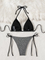 DEKA Sliver Leopard Print Bikini Set Two Piece Swimsuit Triangle Bra Suspender Halter Backless Beach Vacation Lace-up Swimwear
