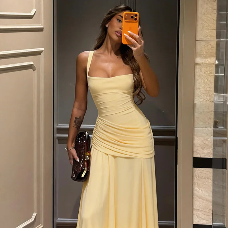 FDYOUI Fashion Sleeveless High Waist Tunics Long Maxi Dress Party Gowns Women Chic Backless Lace-up Folds Slim Evening Dresses