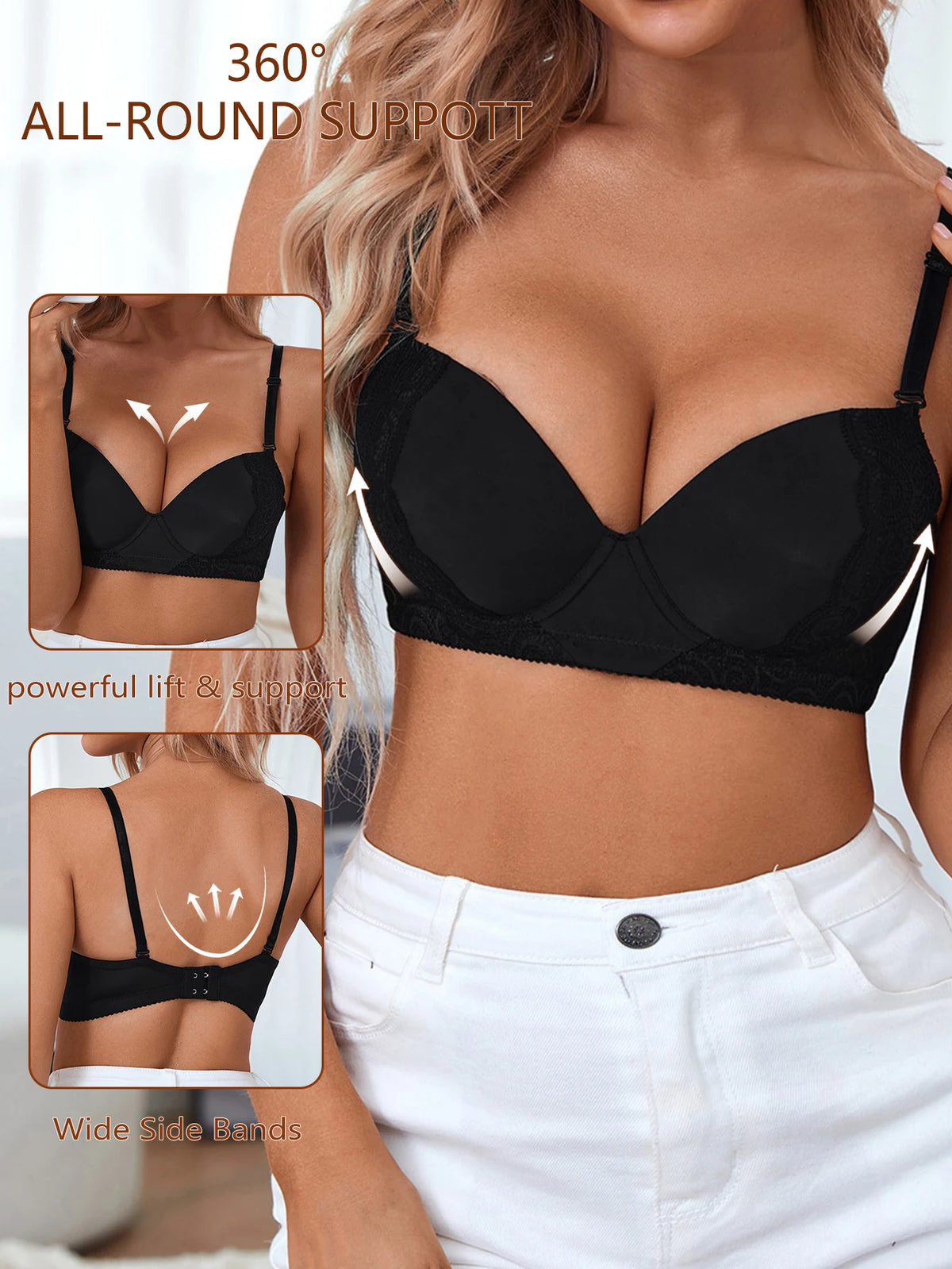 Women Push‑Up Lace Bra Full Side Support Smooth Back Fat Adjustable Strap Gathering Ladies Underwear Bra B6084