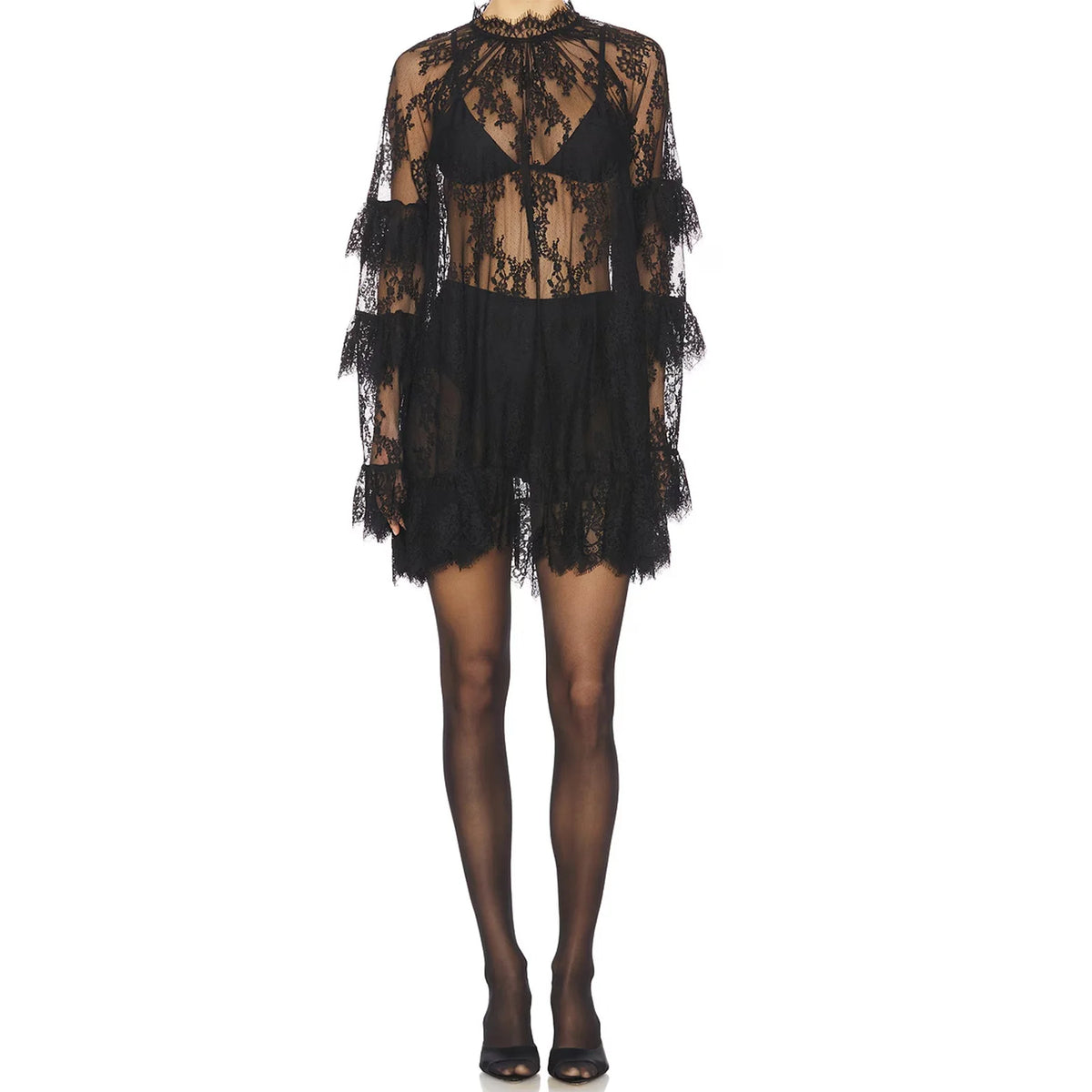 Women See Through Lace Dress Layered Flare Long Sleeve Crew Neck Ruffle Dress for Party Cocktail Club Dress Cover-ups