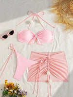 DEKA Solid 3 piece Swimsuit Women Pink Lace-up Sexy Bikini Split Swimsuit