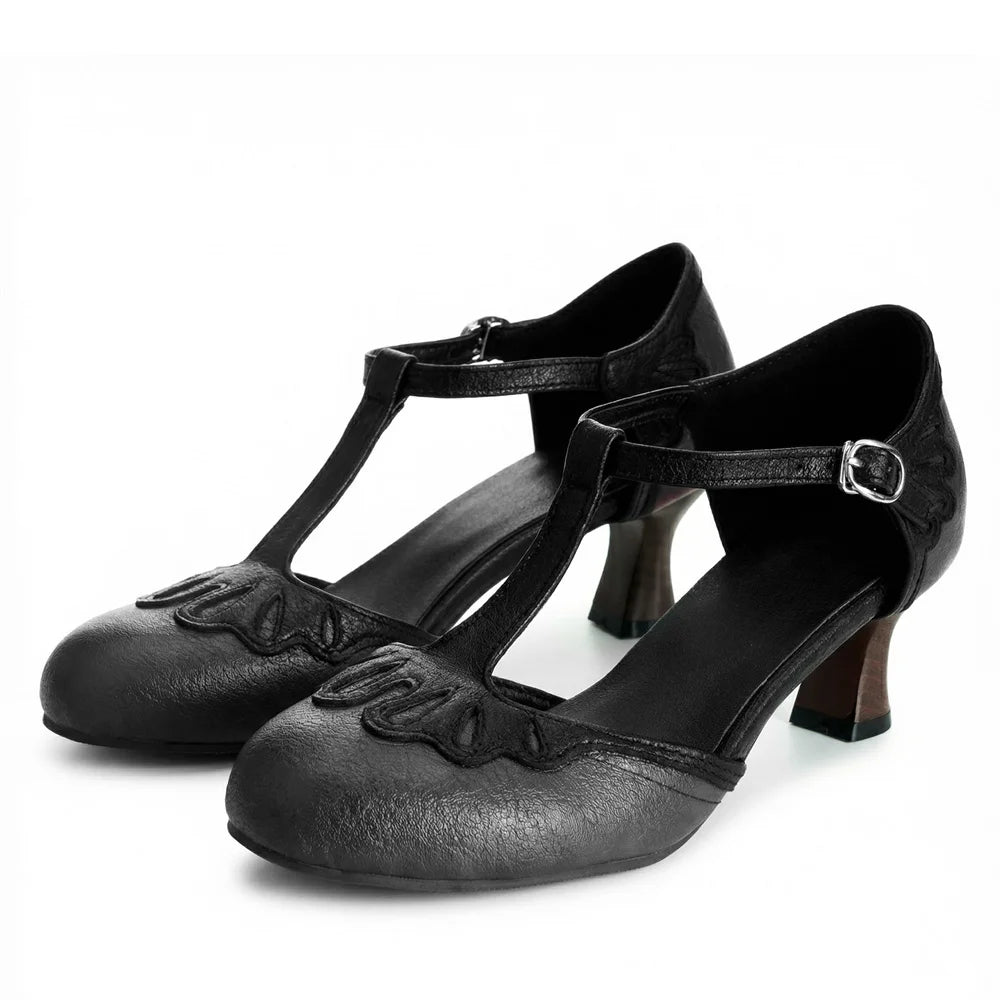 Big Size 32-50 Women's Vintage Cutout T-Strap Sandals Round Toe 6cm Kitten Heel Summer Casual Dance Shoes Black/Brown/White