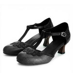 Big Size 32-50 Women's Vintage Cutout T-Strap Sandals Round Toe 6cm Kitten Heel Summer Casual Dance Shoes Black/Brown/White
